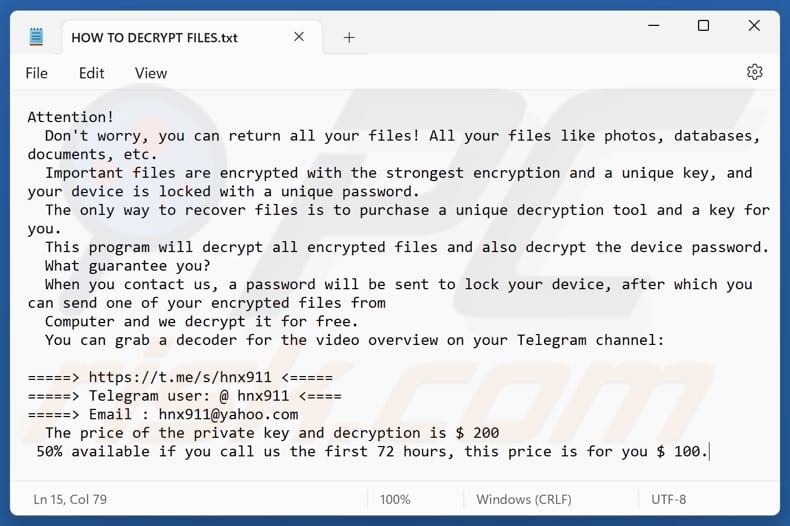 Plik tekstowy ransomware Hnx911 (HOW TO DECRYPT FILES.txt)
