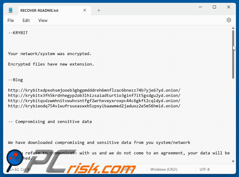 Plik tekstowy ransomware KRYBIT (RECOVER-README.txt)