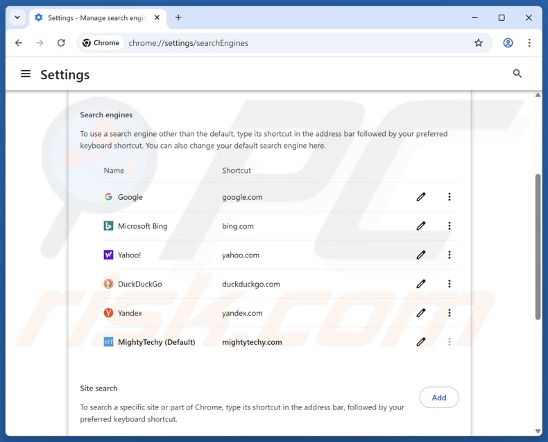 Usuwanie mightytechy.com z domyślnej wyszukiwarki Google Chrome