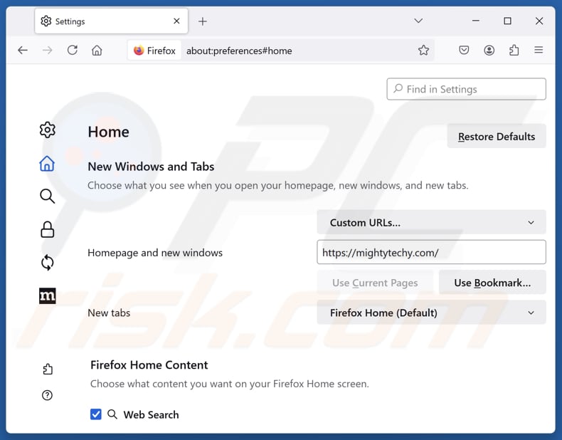 Usuwanie mightytechy.com ze strony głównej Mozilla Firefox
