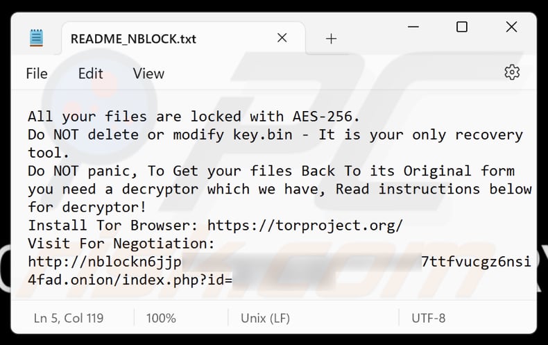 Plik tekstowy ransomware NBLock (README_NBLOCK.txt)