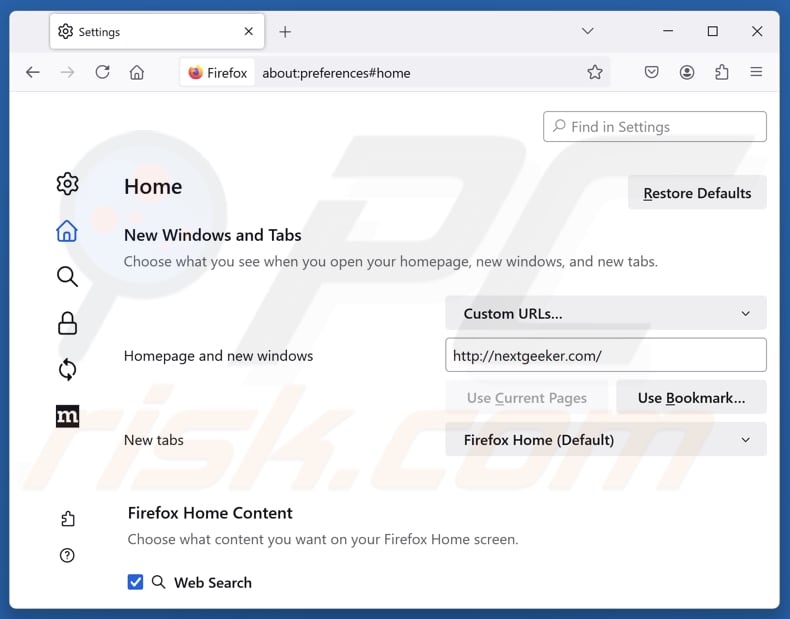 Usuwanie nextgeeker.com ze strony głównej Mozilla Firefox