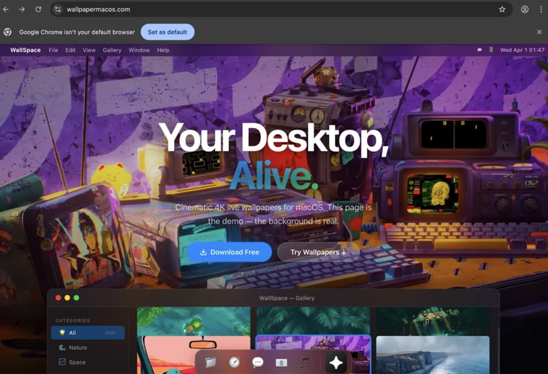 notnullOSX - fałszywa strona pobierania WallSpace.app dystrybuująca malware (źródło: moonlock.com)