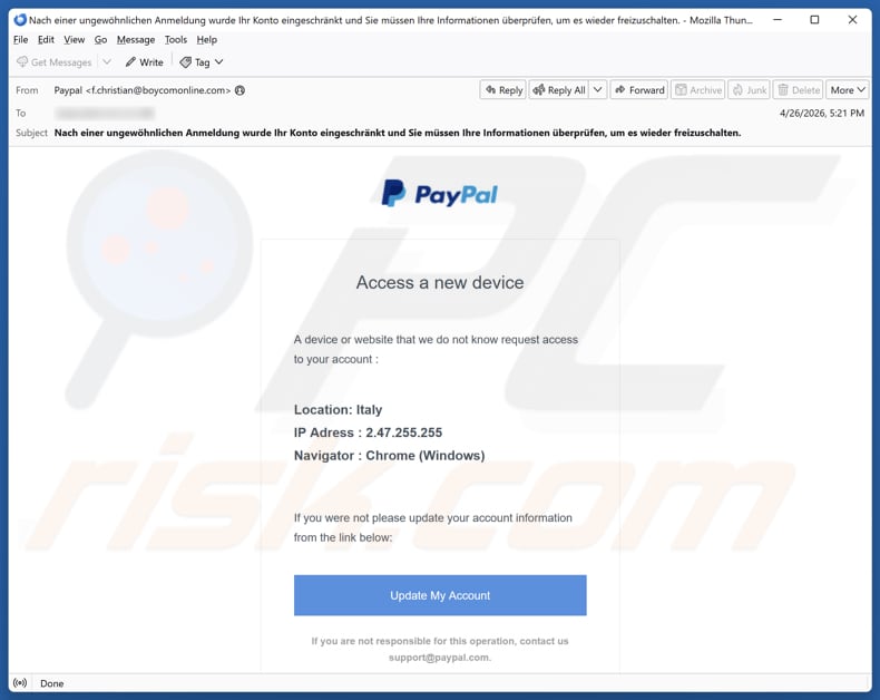 Kampania spamowa PayPal - Access From A New Device