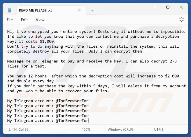 Plik tekstowy ransomware TorBrowserTor (READ ME PLEASE.txt)