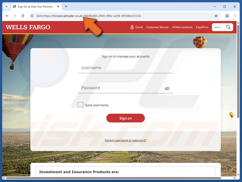 Fałszywa strona oszustwa e-mailowego Wells Fargo Credit/Refund