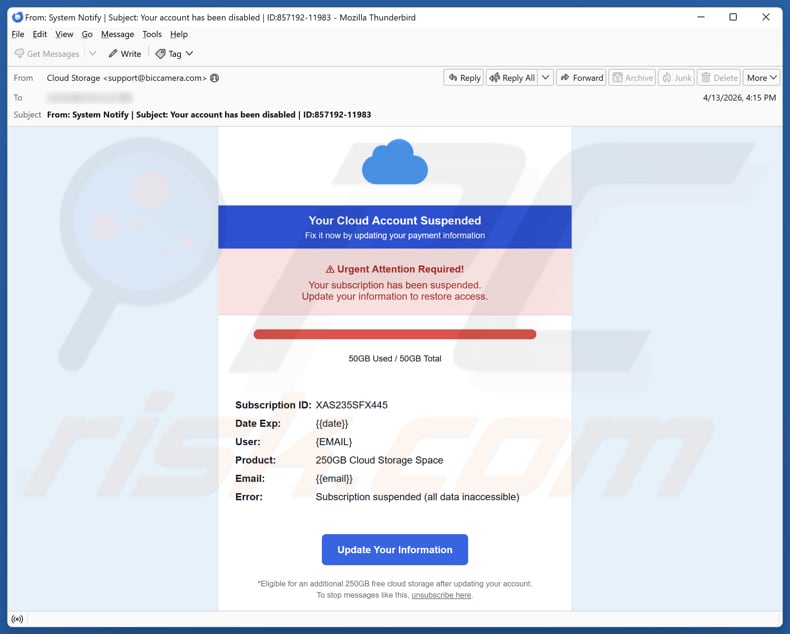 Kampania spamowa Your Cloud Account Suspended