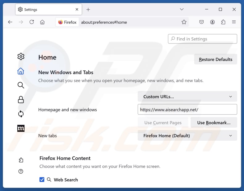 Usuwanie aisearchapp.net ze strony głównej Mozilla Firefox