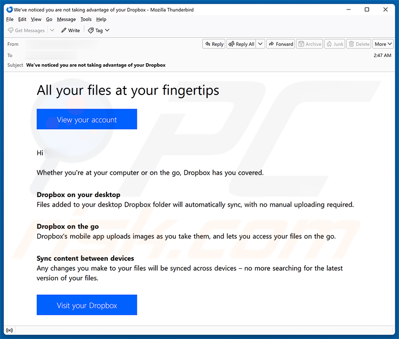 Kampania spamowa oszustwa e-mailowego Dropbox Service Usage Reminder