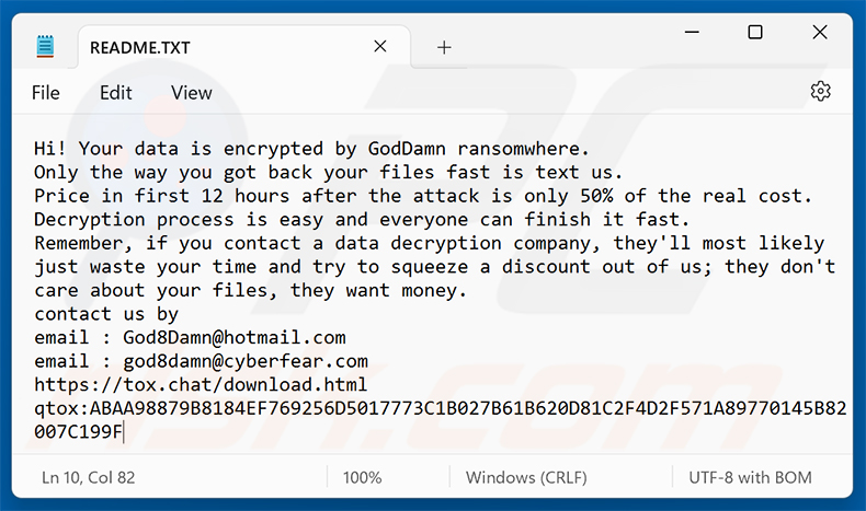 Żądanie okupu ransomware GodDamn (README.TXT)