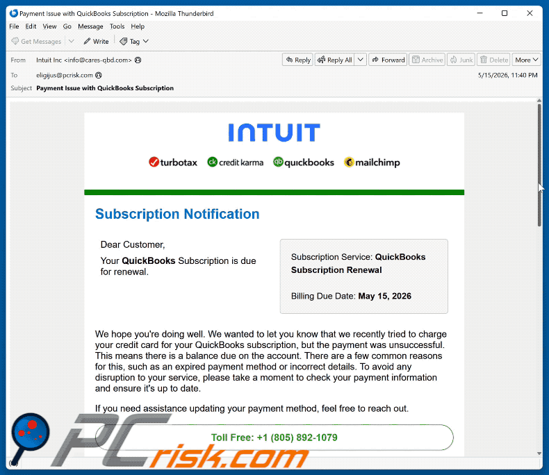 Oszukańcza wiadomość e-mail Intuit QuickBooks Subscription Is Due For Renewal (GIF)