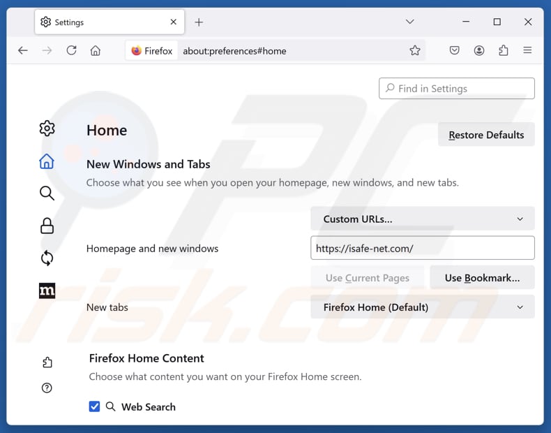 Usuwanie isafe-net.com ze strony głównej Mozilla Firefox