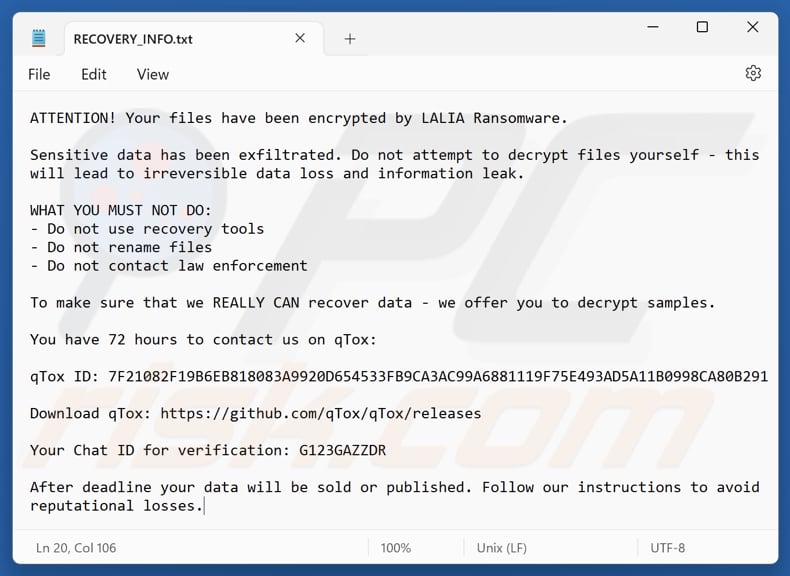 Plik tekstowy ransomware Lalia (RECOVERY_INFO.txt)