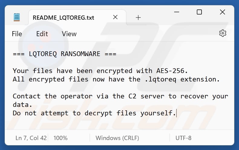 Plik tekstowy ransomware LQTOREQ (README_LQTOREG.txt)