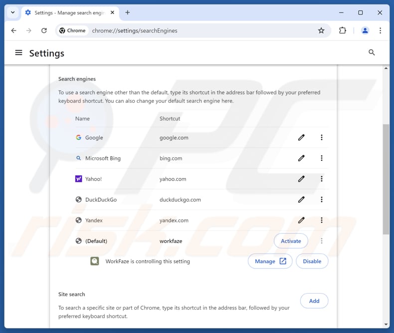 Usuwanie myworkfaze.com z domyślnej wyszukiwarki Google Chrome