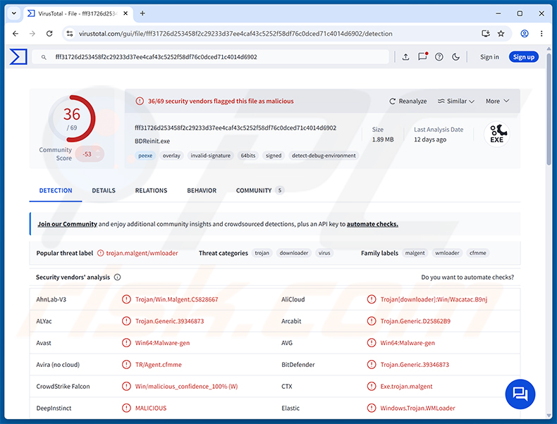 Wykrycia malware NANOREMOTE w VirusTotal