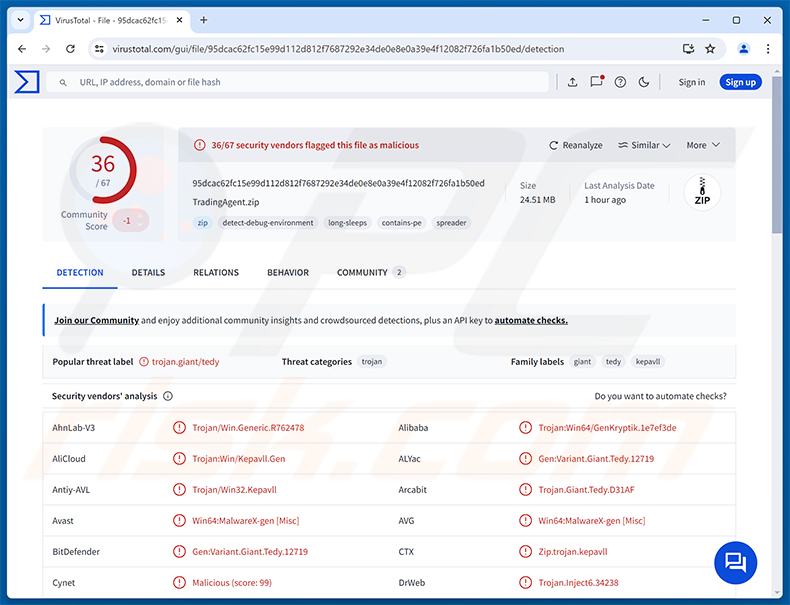 Wykrycia malware Needle Stealer w VirusTotal