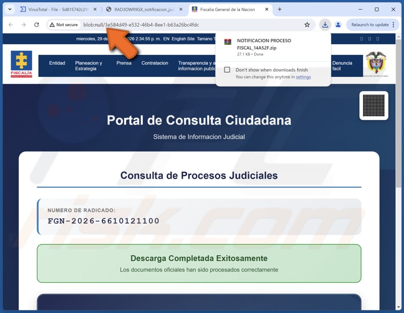 Adres blob URL malware NexusRAT otwarty za pośrednictwem załącznika