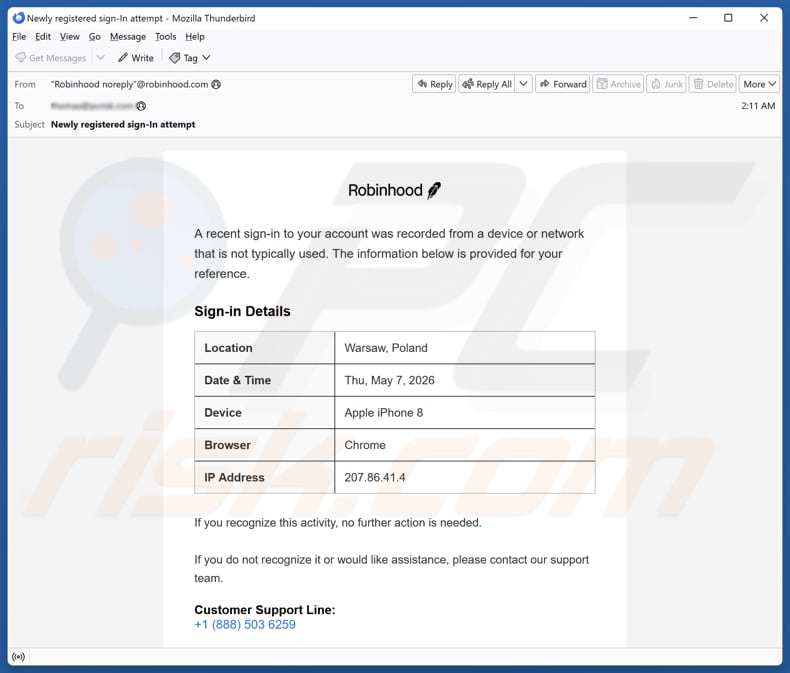 Kampania spamowa Robinhood Unrecognized Sign-In