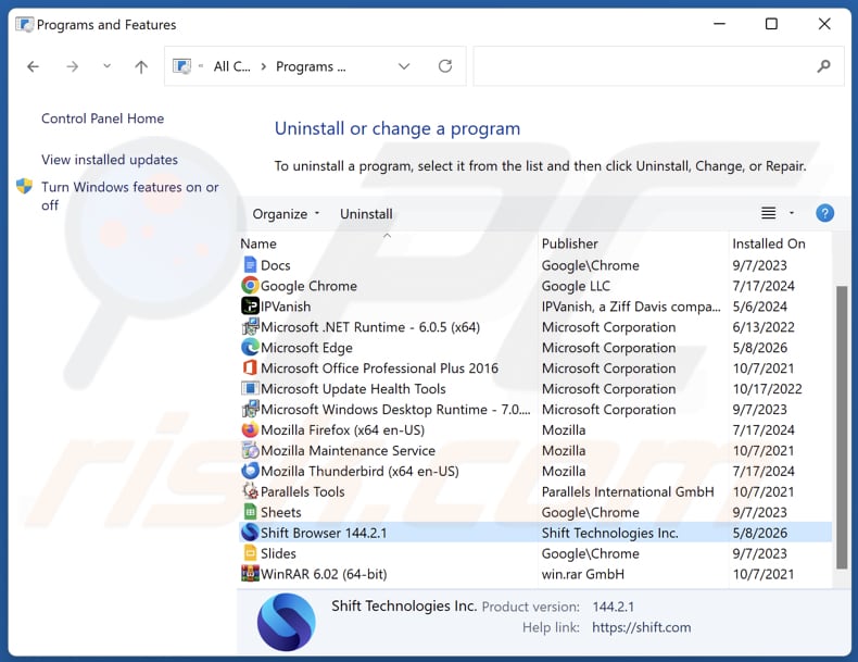 Odinstalowywanie Shift przez Panel sterowania