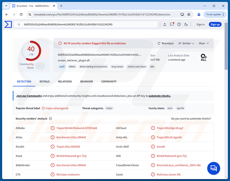 Wykrycia malware TCLBanker w VirusTotal