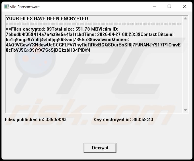 Komunikat pop-up ransomware Vile