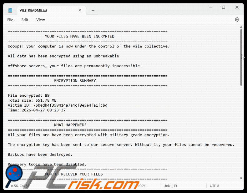 Plik tekstowy ransomware Vile (VILE_README.txt)