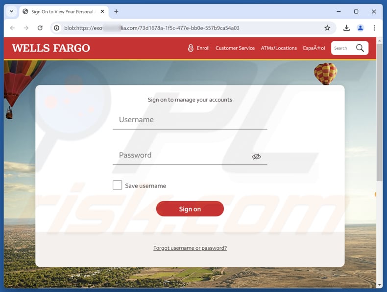 Wells Fargo - Unauthorized Charges oszustwo e-mailowe - fałszywa strona internetowa