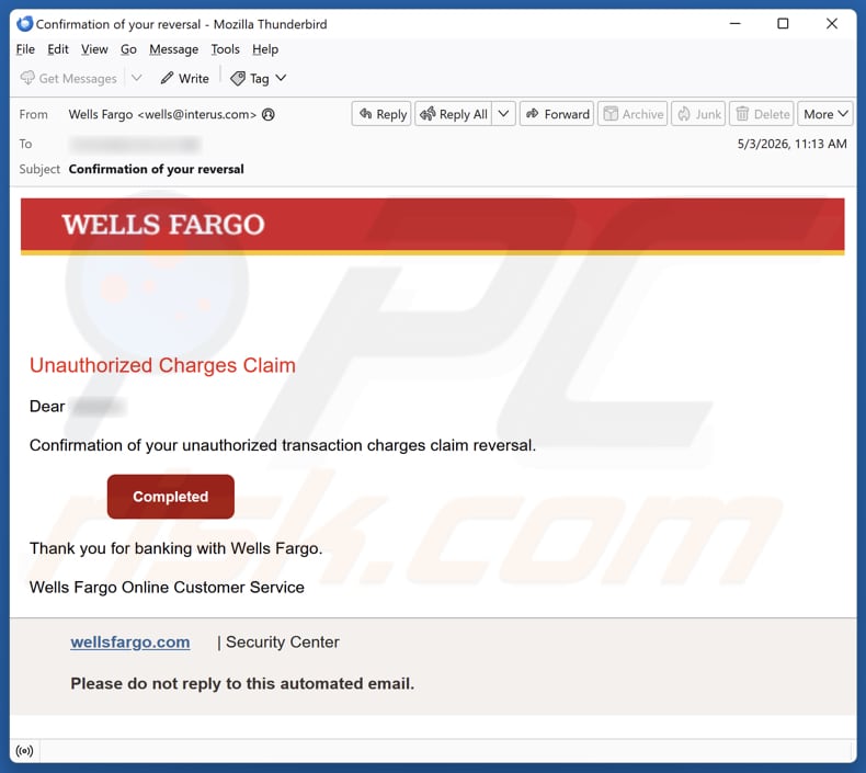 Kampania spamowa Wells Fargo - Unauthorized Charges