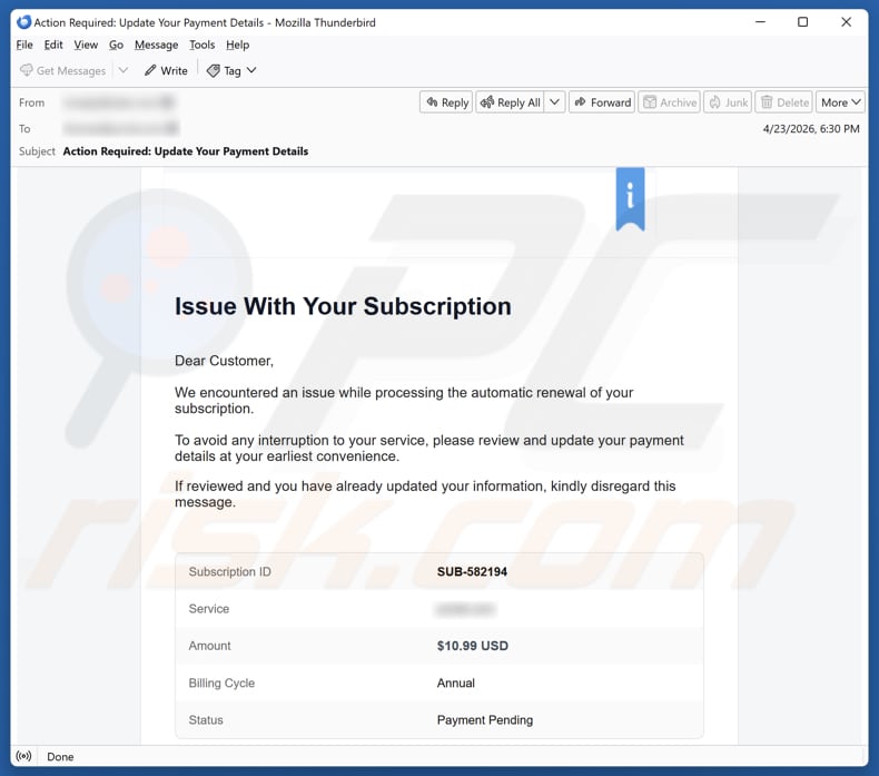 Kampania spamowa Wix Subscription Renewal