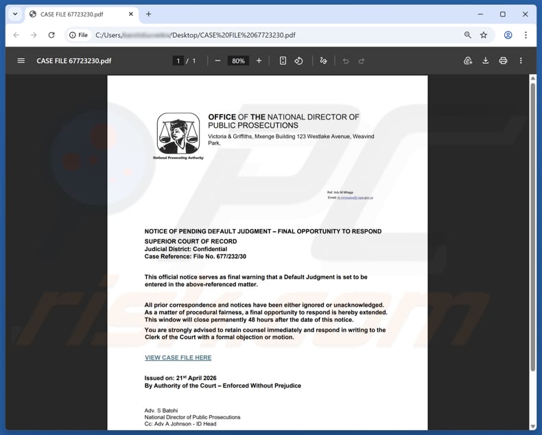 Załącznik oszustwa e-mailowego You Have Been Served With A Court Letter