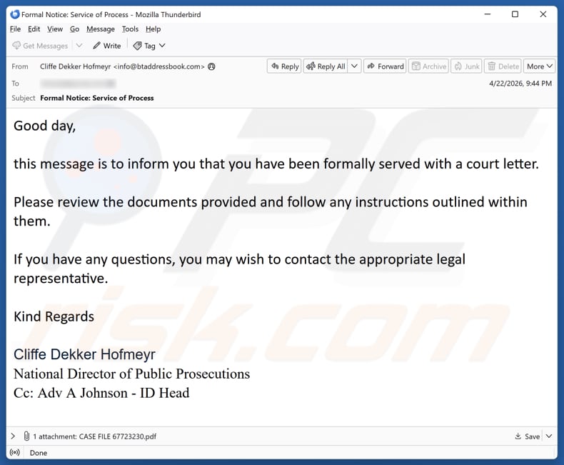 Kampania spamowa You Have Been Served With A Court Letter