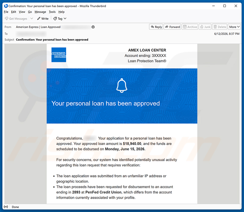 Kampania spamowa e-mail American Express - Personal Loan Approved