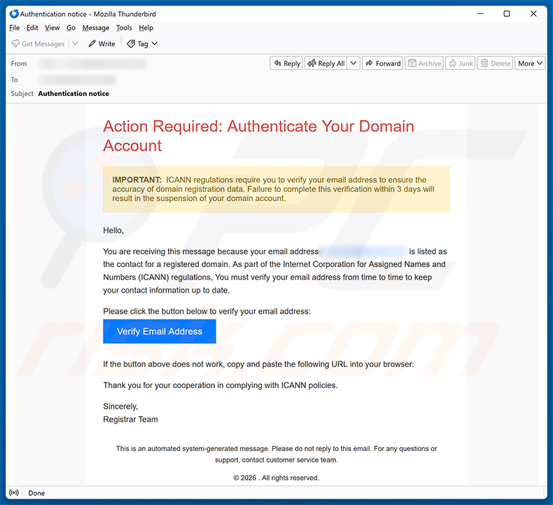 Kampania spamowa e-mail Authenticate Your Domain Account