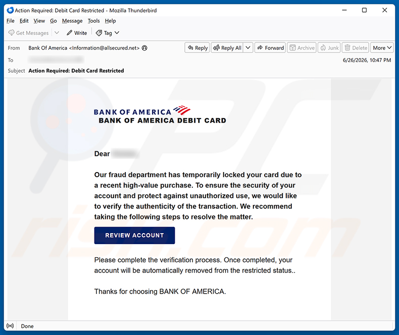 Kampania spamowa e-mail Bank Of America Card Locked