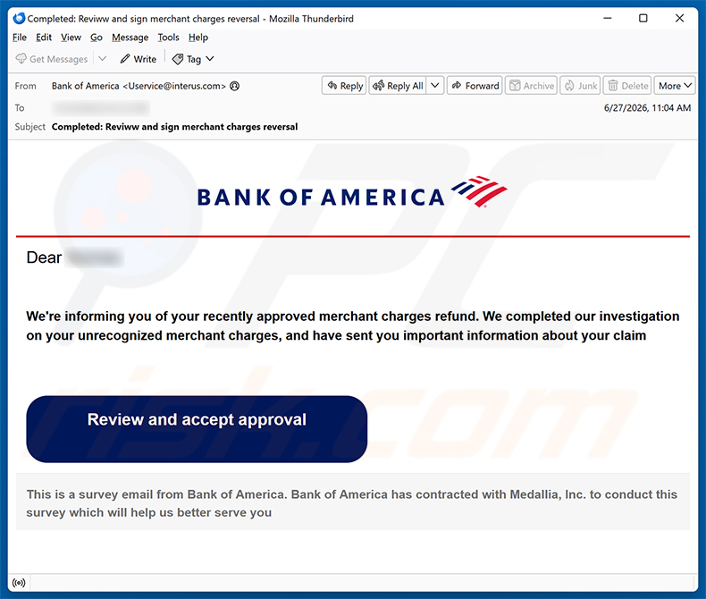 Kampania spamowa e-mail Bank of America - Merchant Charges Refund