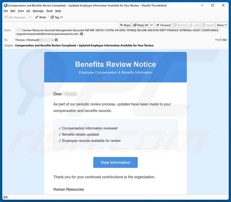 Kampania spamowa Benefits Review Notice