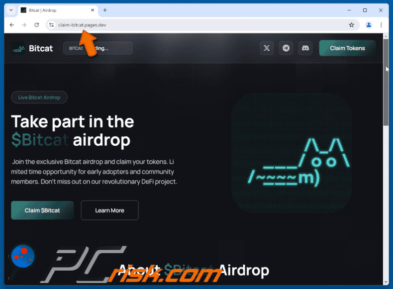 Wygląd $Bitcat Airdrop oszustwo (claim-bitcat.pages[.]dev) (GIF)