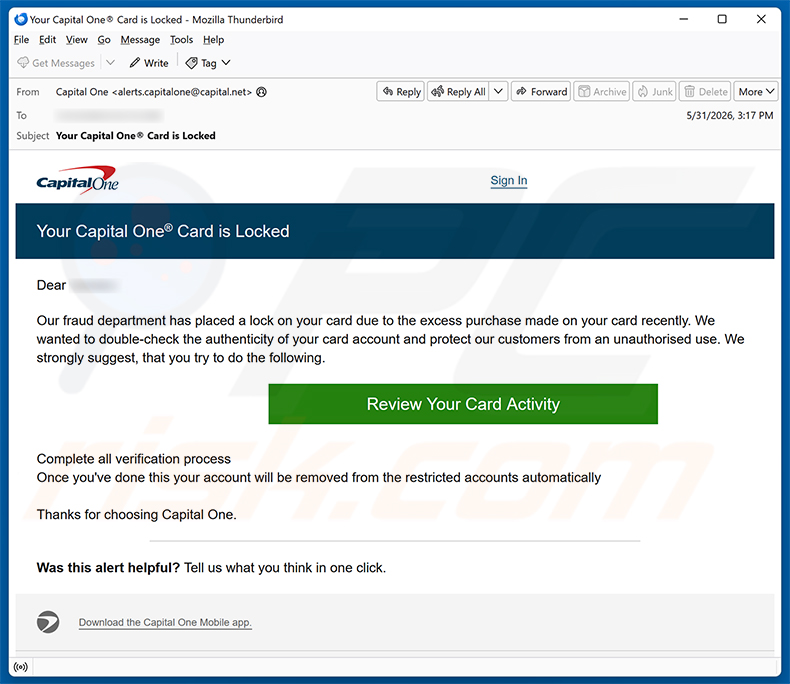 Kampania spamowa Capital One Card Is Locked