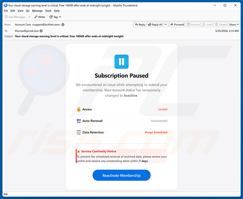 Kampania spamowa Cloud Subscription Paused oszustwo e-mailowe