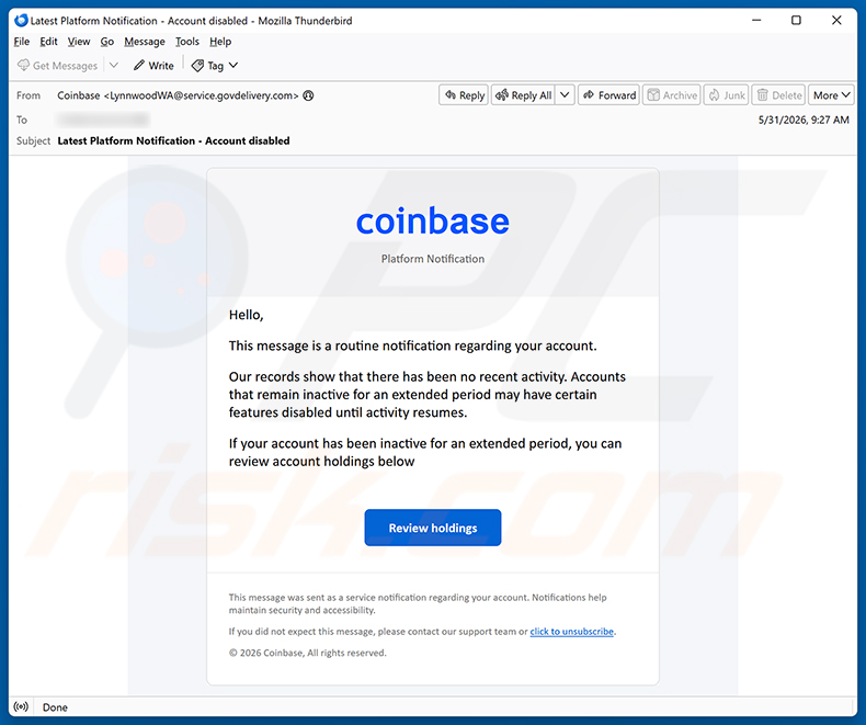 Kampania spamowa oszustwa e-mailowego Coinbase - Disablement Of Inactive Accounts