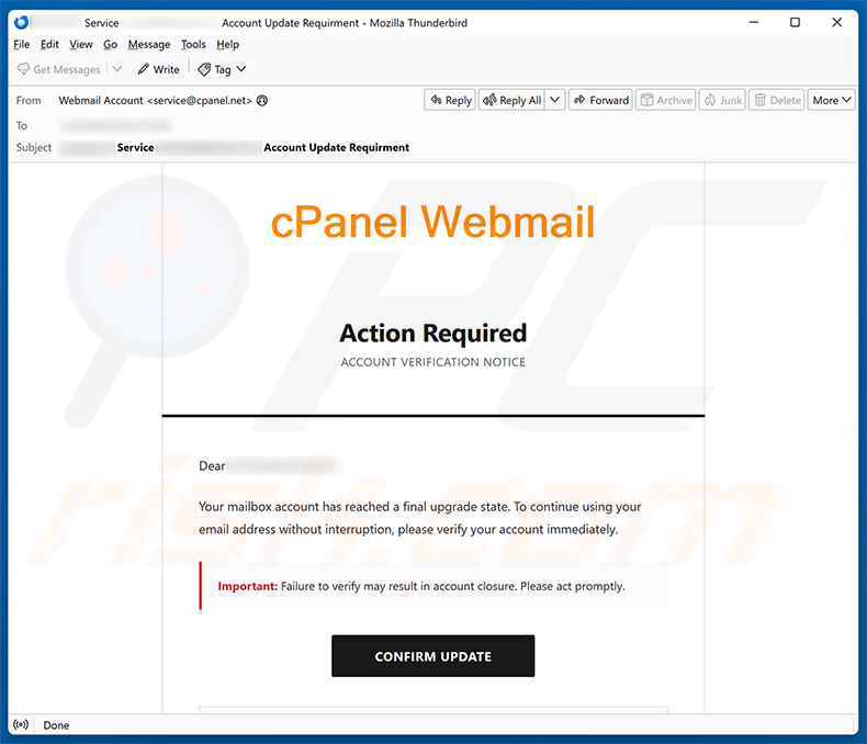 kampania spamowa e-mail cPanel Final Account Upgrade State