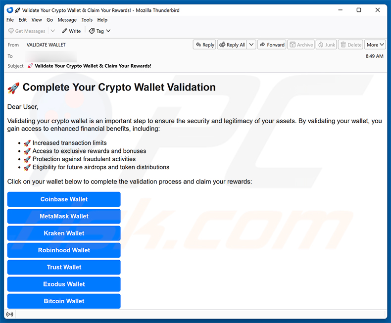 Kampania spamowa e-mail Crypto Wallet Validation
