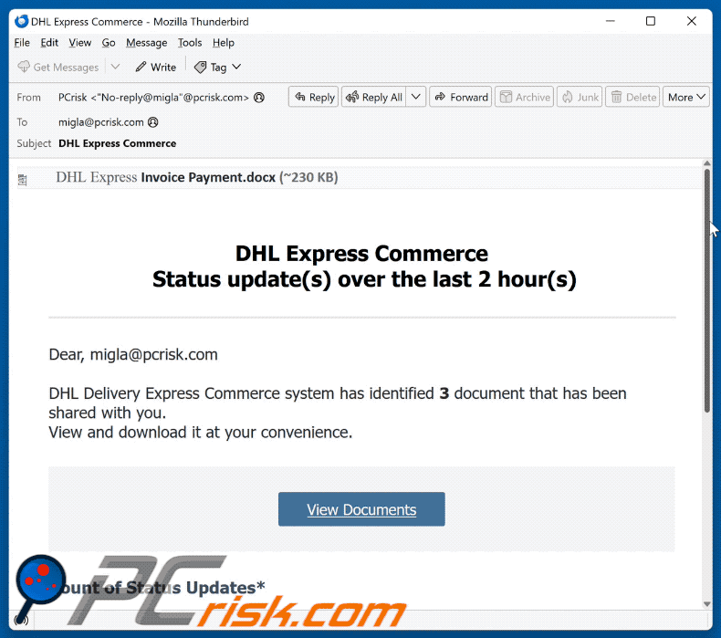 Oszustwo e-mailowe DHL Express Commerce Status Update (GIF)