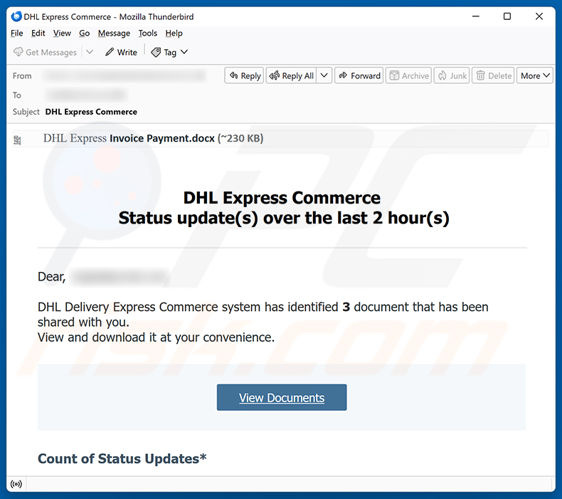 Kampania spamowa oszustwa e-mailowego DHL Express Commerce Status Update