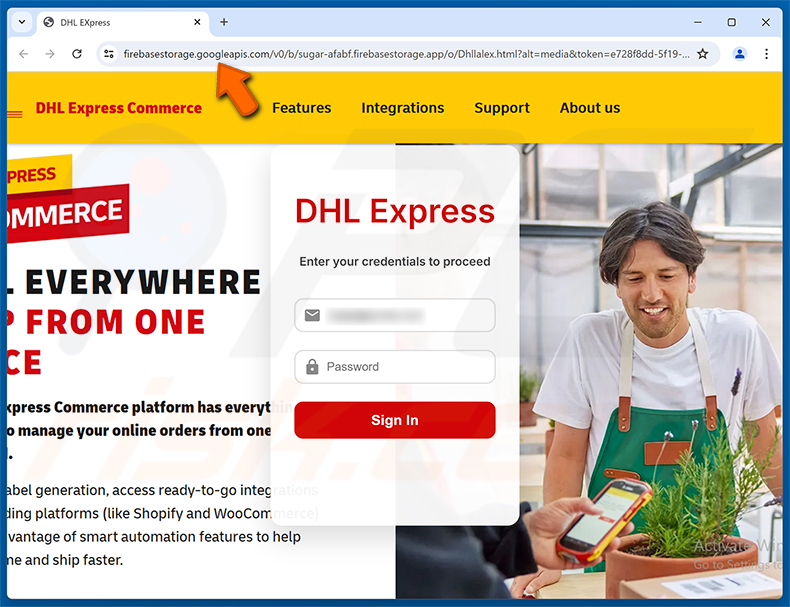 Strona phishingowa DHL Express Commerce Status Update