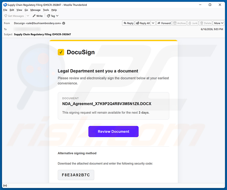 Kampania spamowa DocuSign - Legal Department Document