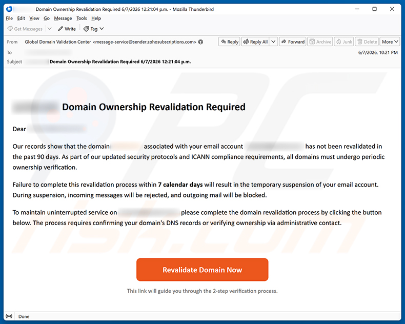 Kampania spamowa Domain Ownership Revalidation Required