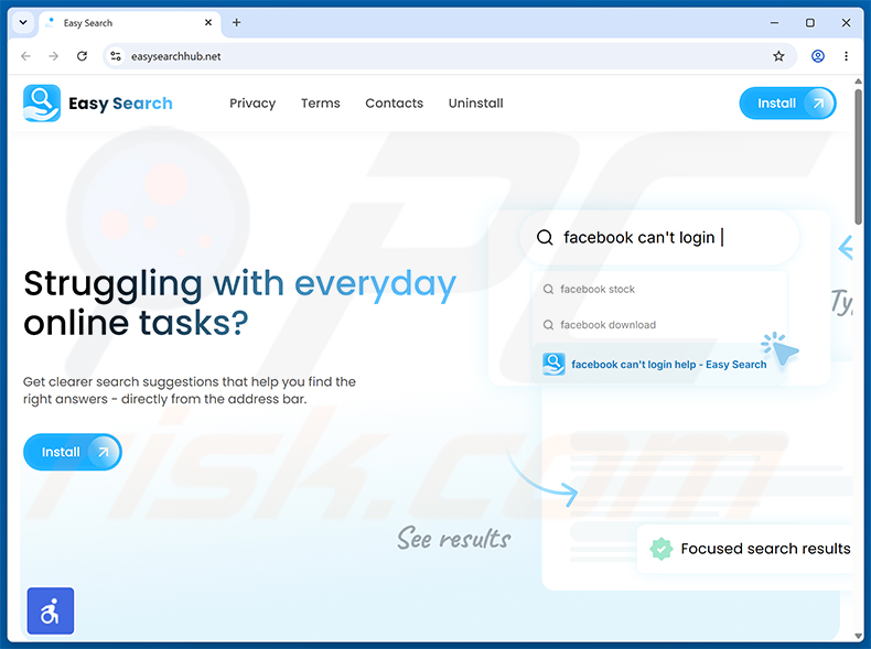 Strona internetowa używana do promowania porywacza przeglądarki Easy Search (przykład 1)
