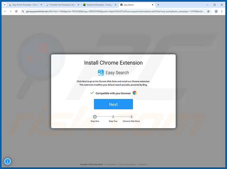 Strona internetowa używana do promowania porywacza przeglądarki Easy Search (przykład 2)